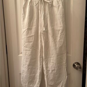 White Drawstring Linen-Blend Women’s Pants